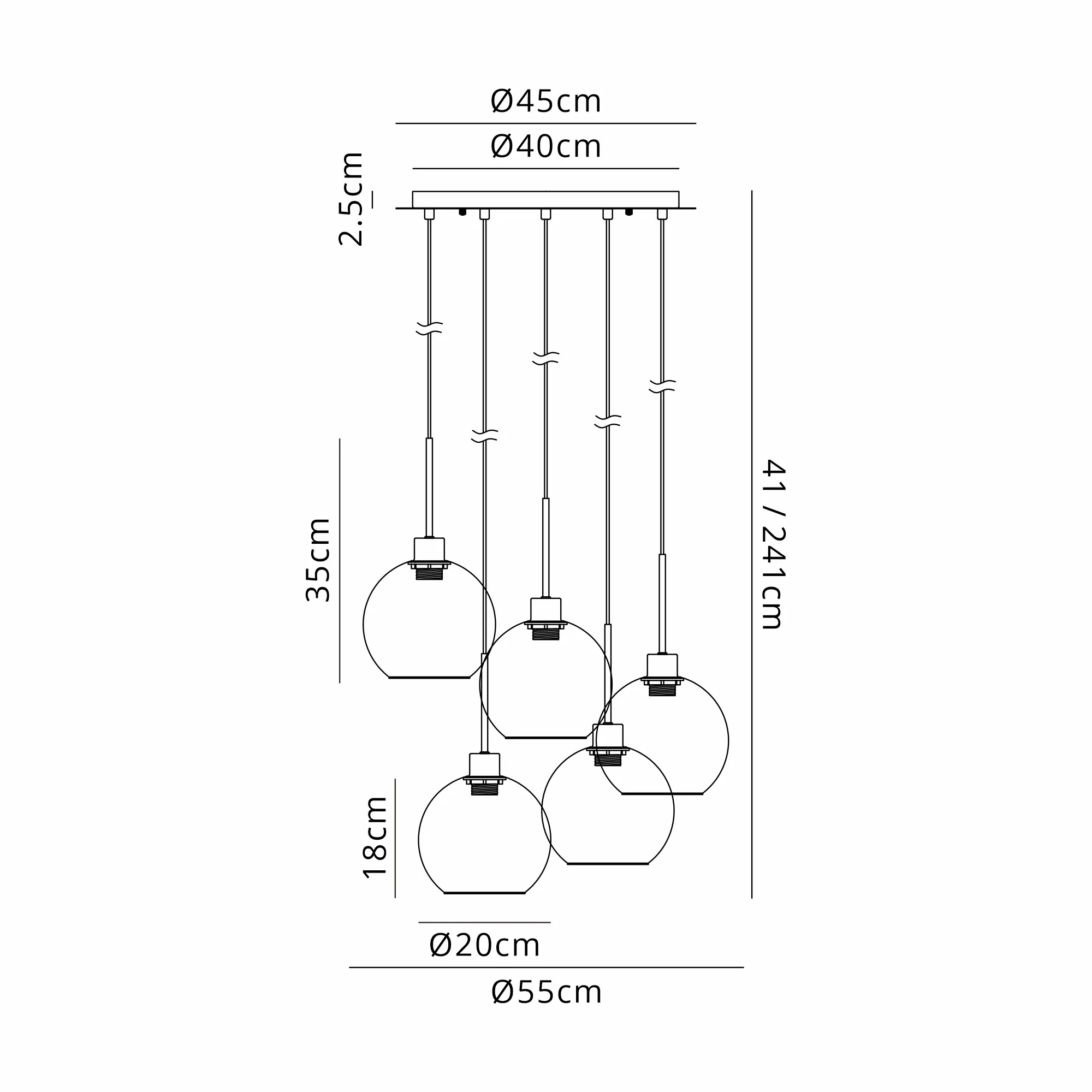 DK1192  Lori 45cm Round Pendant, 5 Light Adjustable E27, Antique Gold/Clear Open Mouth Round Globe Shades